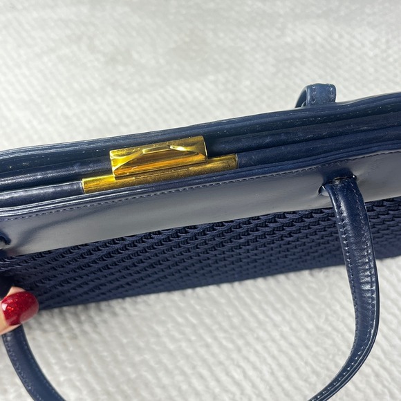 Vintage Mark Cross Handbag w/mirror and coin purse Blue Leather Woven Top Handle - Picture 5 of 7